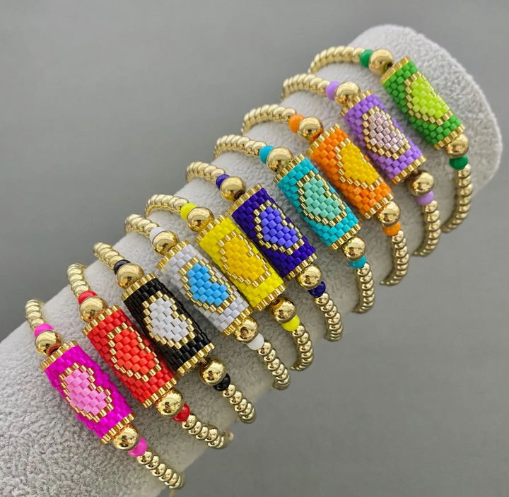 Boho Heart Patterned Seed Bead Bracelet-Orange