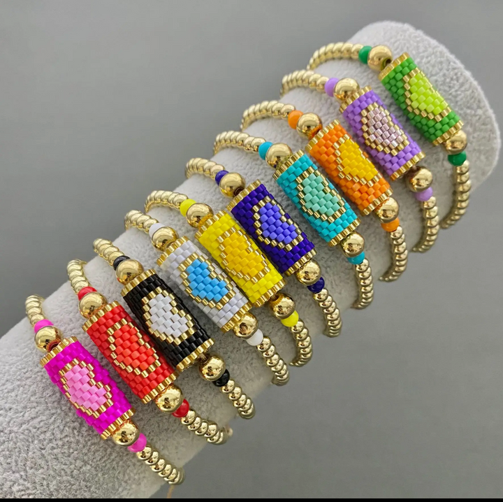 Boho Heart Patterned Glass Seed Bead Bracelet-Turquoise