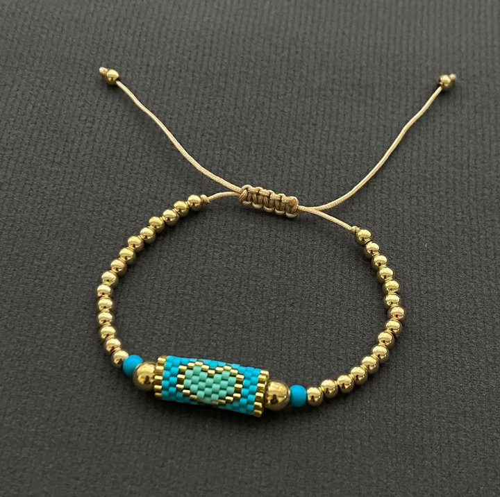 Boho Heart Patterned Glass Seed Bead Bracelet-Turquoise