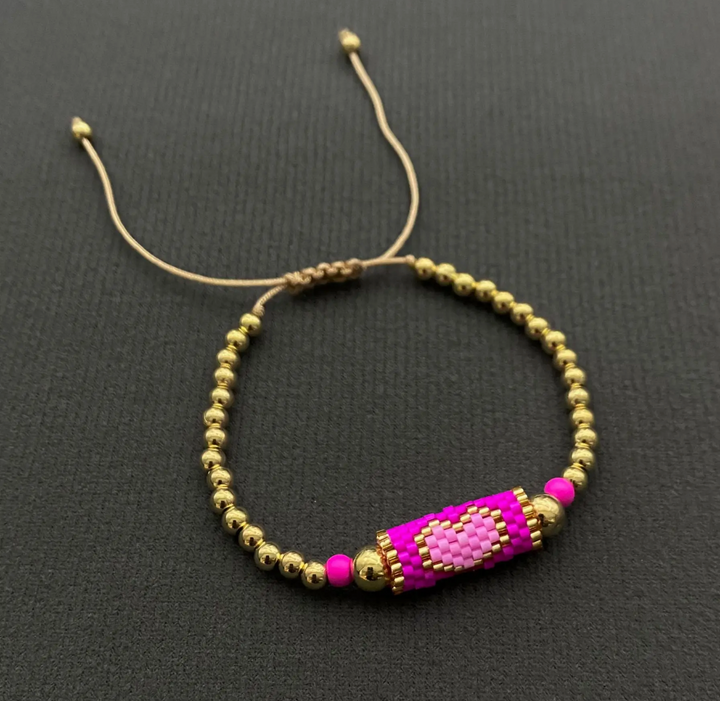 Boho Heart Patterned Glass Seed Bead Bracelet-Hot Pink