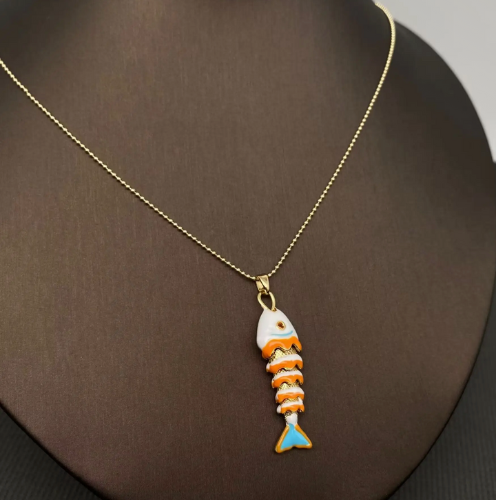 Enamel and Gold Plated Fish Necklace-white/turquoise