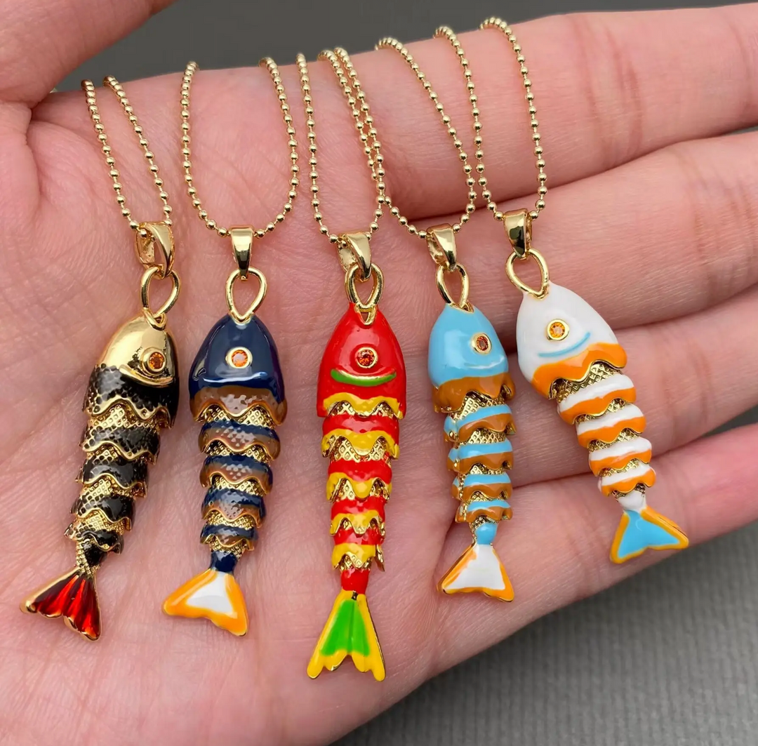 Enamel and Gold Plated Fish Necklace-white/turquoise