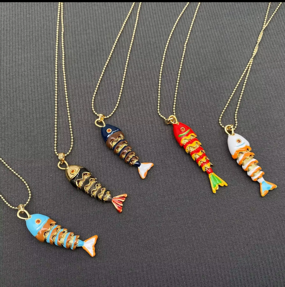 Enamel and Gold Plated Fish Necklace-white/turquoise