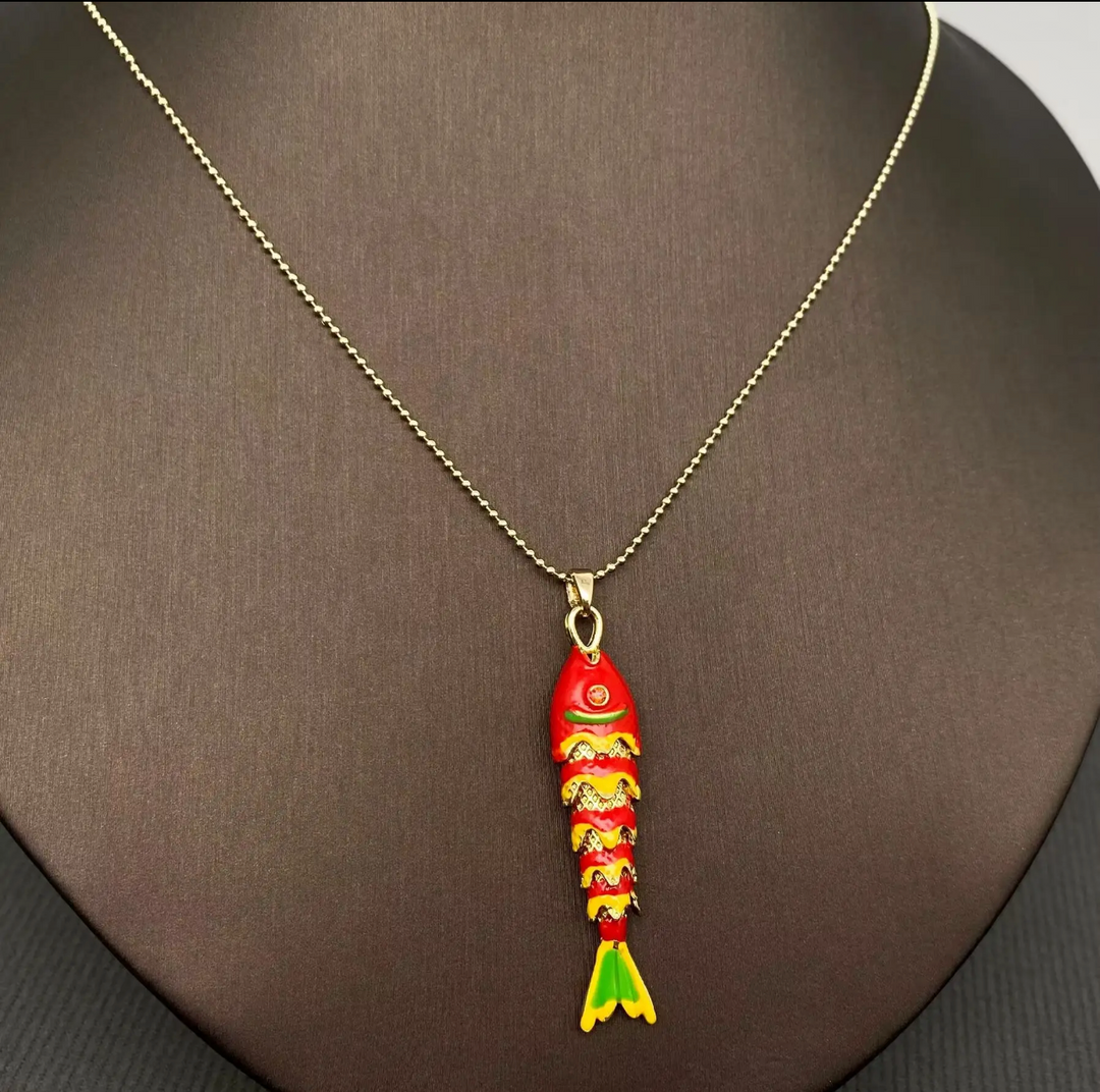 Enamel and Gold Plated Fish Necklace-Red/Gold