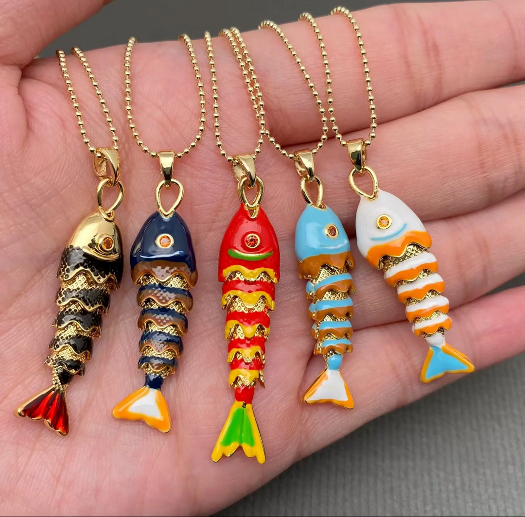 Enamel and Gold Plated Fish Necklace-Red/Gold