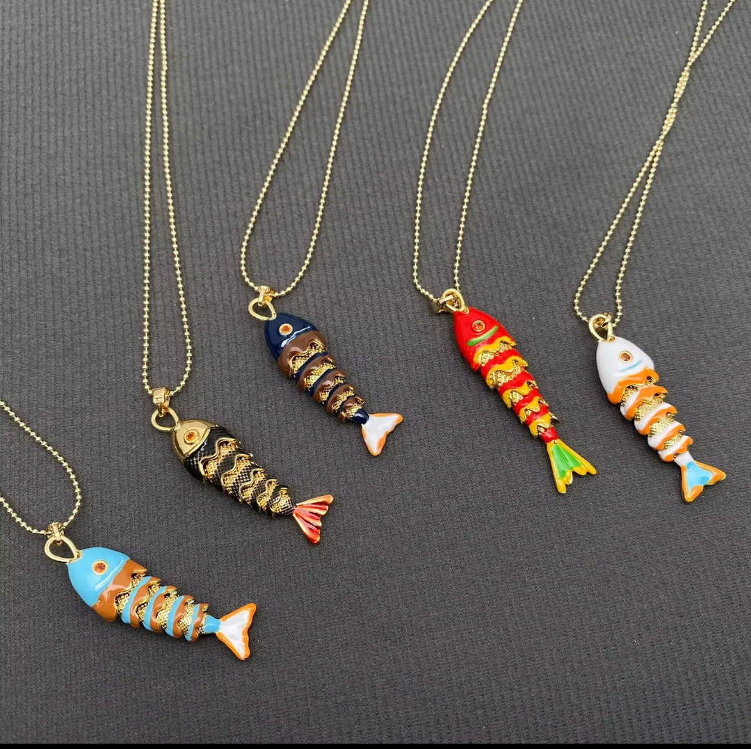Enamel and Gold Plated Fish Necklace-Red/Gold