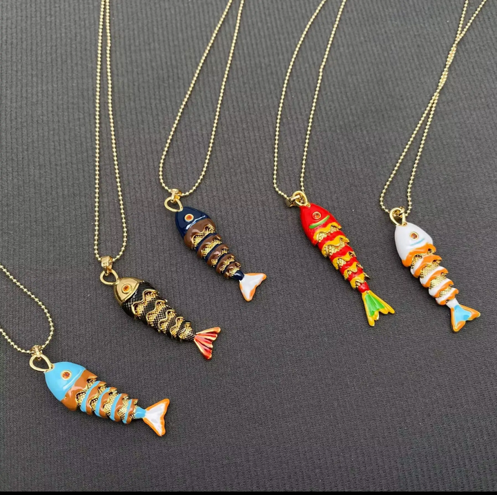 Enamel and Gold Plated Fish Necklace-Red/Gold