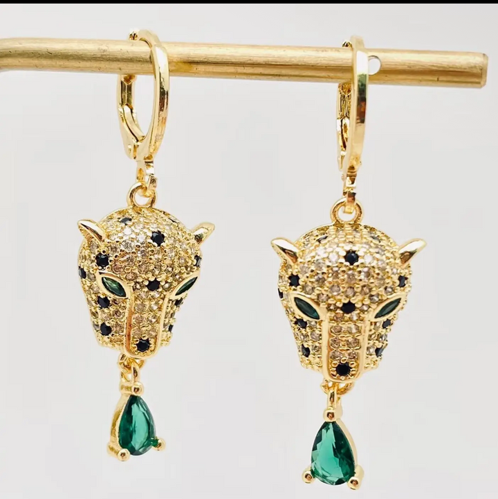 Green Eyed Cubic Zirconia Gold Leopard Head Huggie Earrings