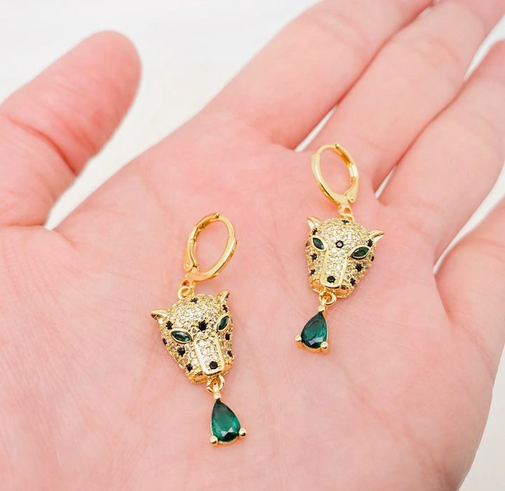 Green Eyed Cubic Zirconia Gold Leopard Head Huggie Earrings