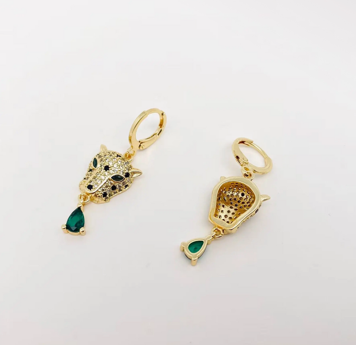 Green Eyed Cubic Zirconia Gold Leopard Head Huggie Earrings