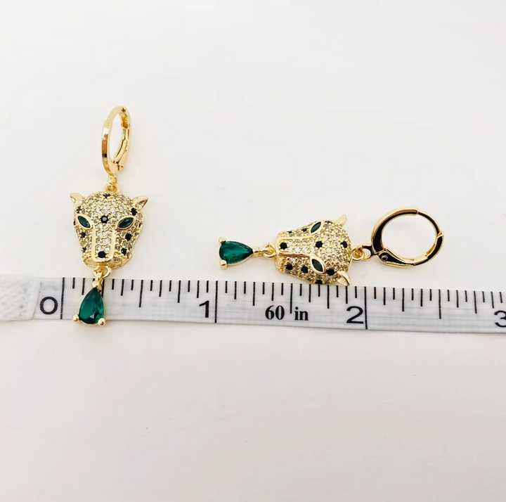 Green Eyed Cubic Zirconia Gold Leopard Head Huggie Earrings