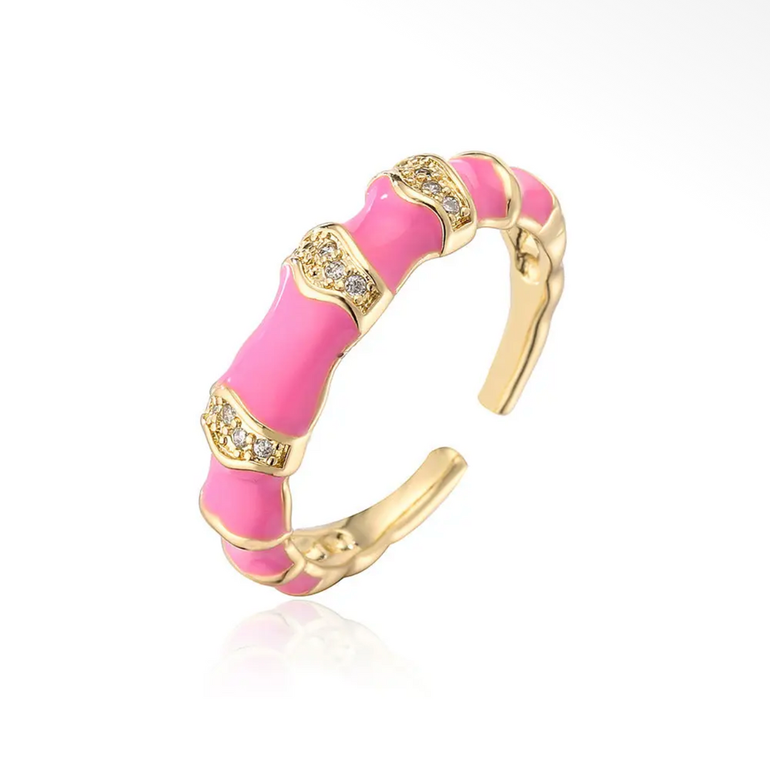 Gold Plated Inlaid Cubic Zirconia Enamel Ring-Pink