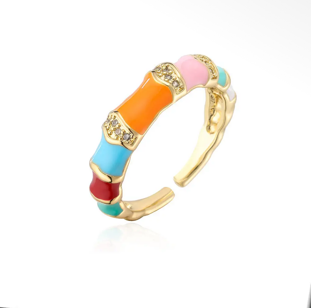 Gold Plated Inlaid Cubic Zirconia Enamel Ring-Multi