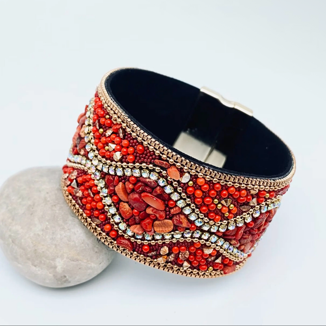 Boho Handmade Gravel Beads Magnetic Buckle Bracelet-Red