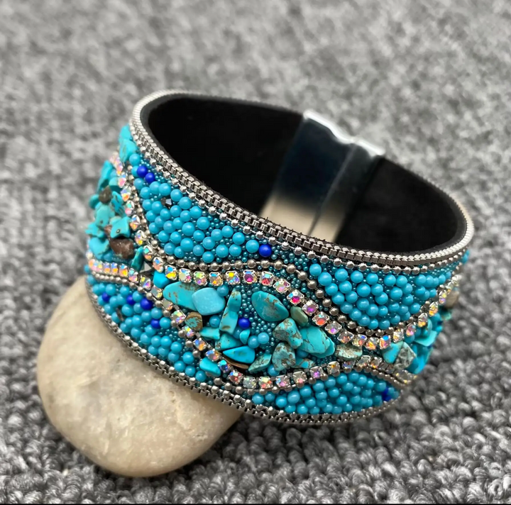 Boho Handmade Gravel Beaded Magnetic Buckle Bracelet-Turquoise