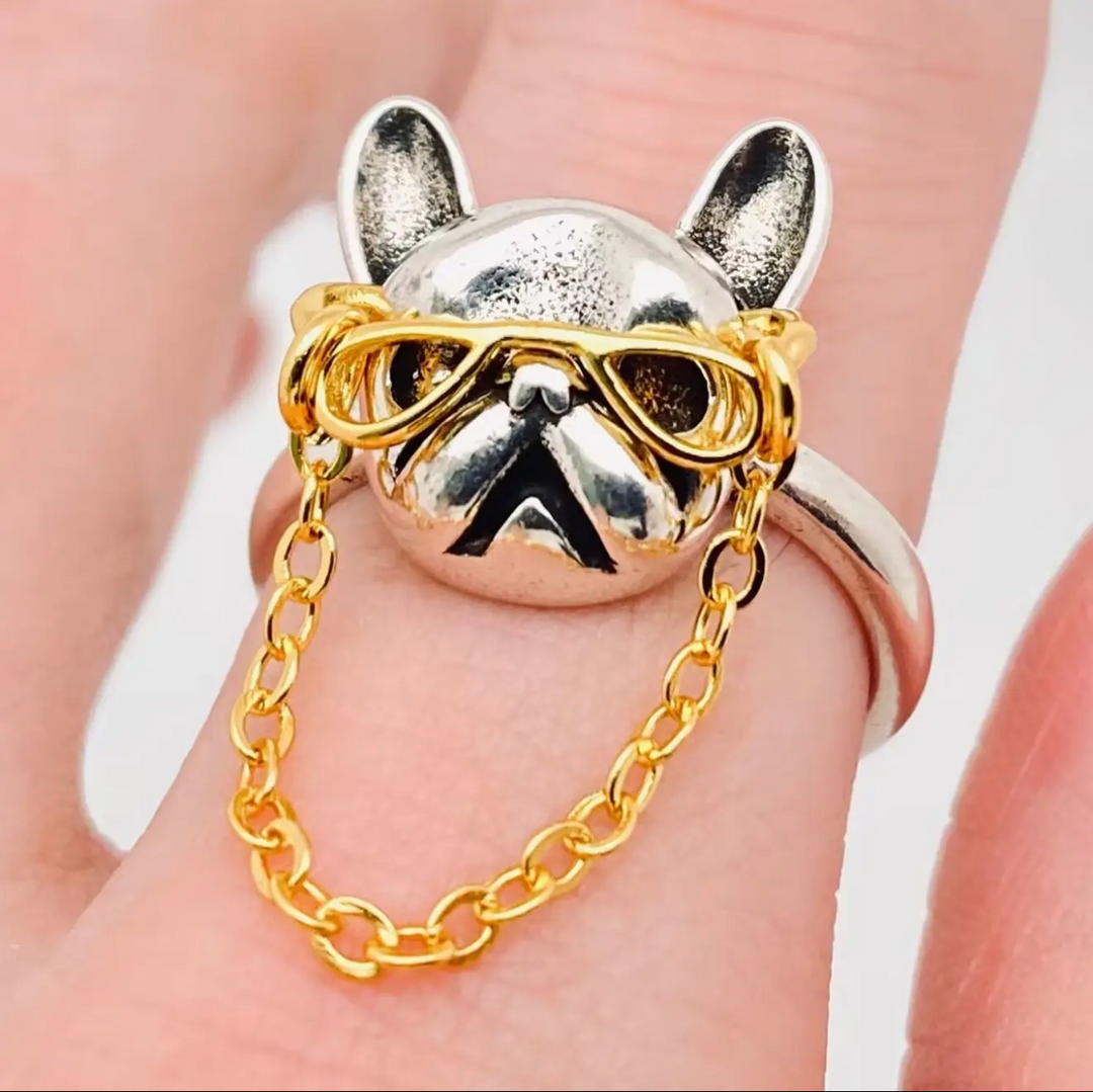Bulldog with Glasses Adjustable Ring