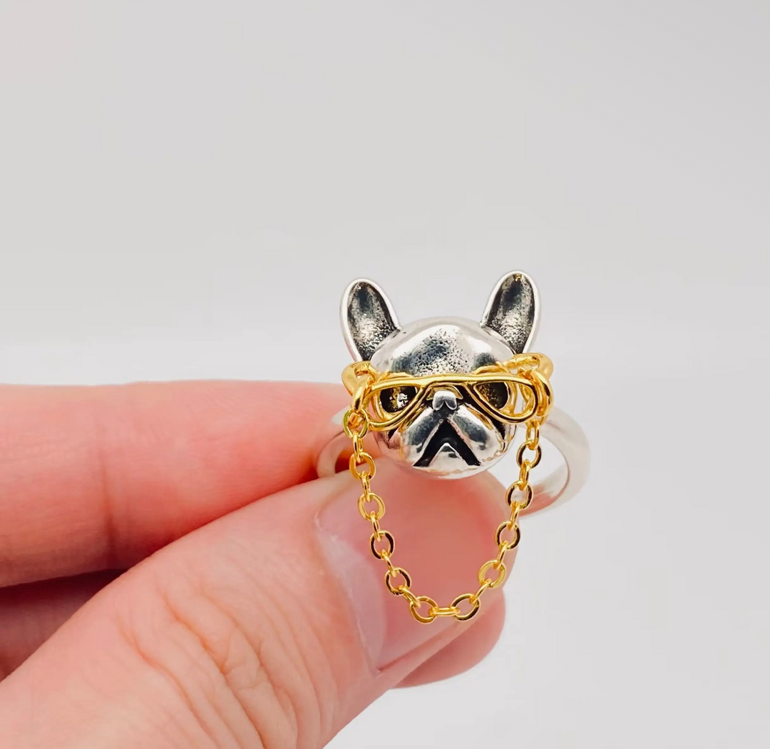 Bulldog with Glasses Adjustable Ring