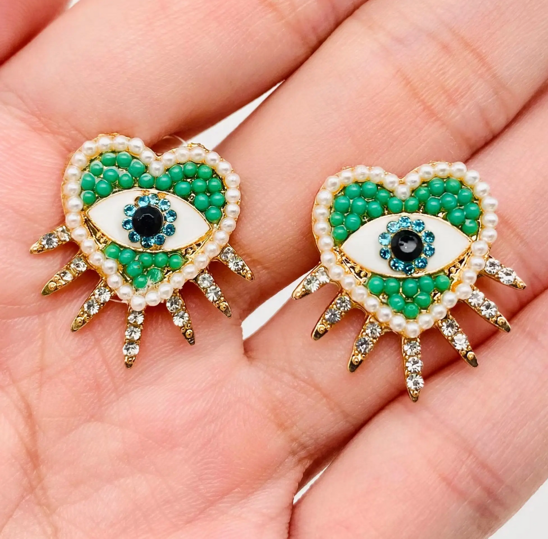 Green Heart Shaped Evil Stud Earrings