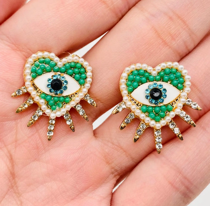 Green Heart Shaped Evil Stud Earrings