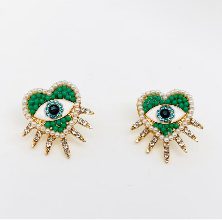 Green Heart Shaped Evil Stud Earrings