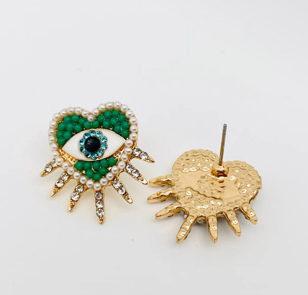 Green Heart Shaped Evil Stud Earrings