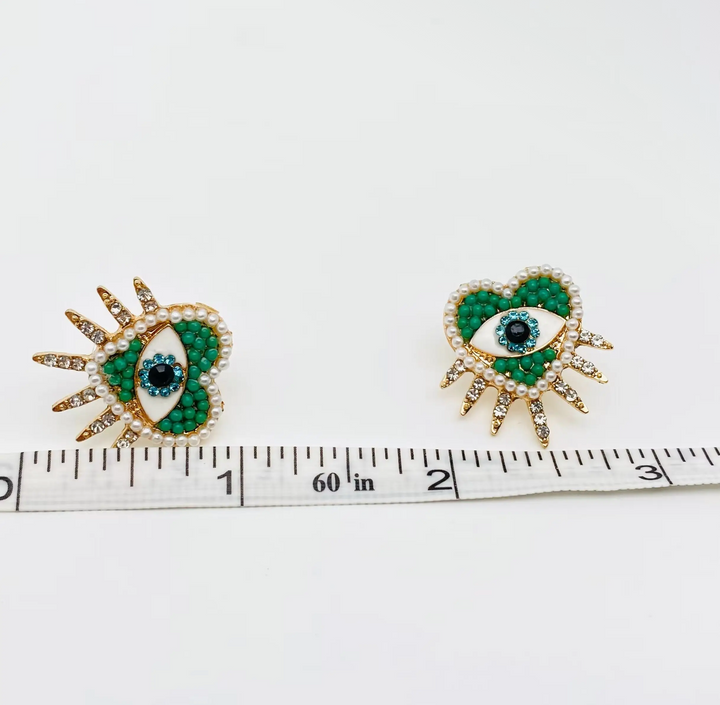 Green Heart Shaped Evil Stud Earrings