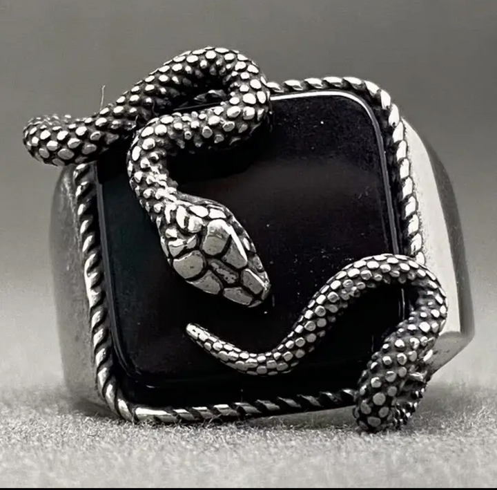 Men's Stainless and Obsidian Snake Ring-Size 9