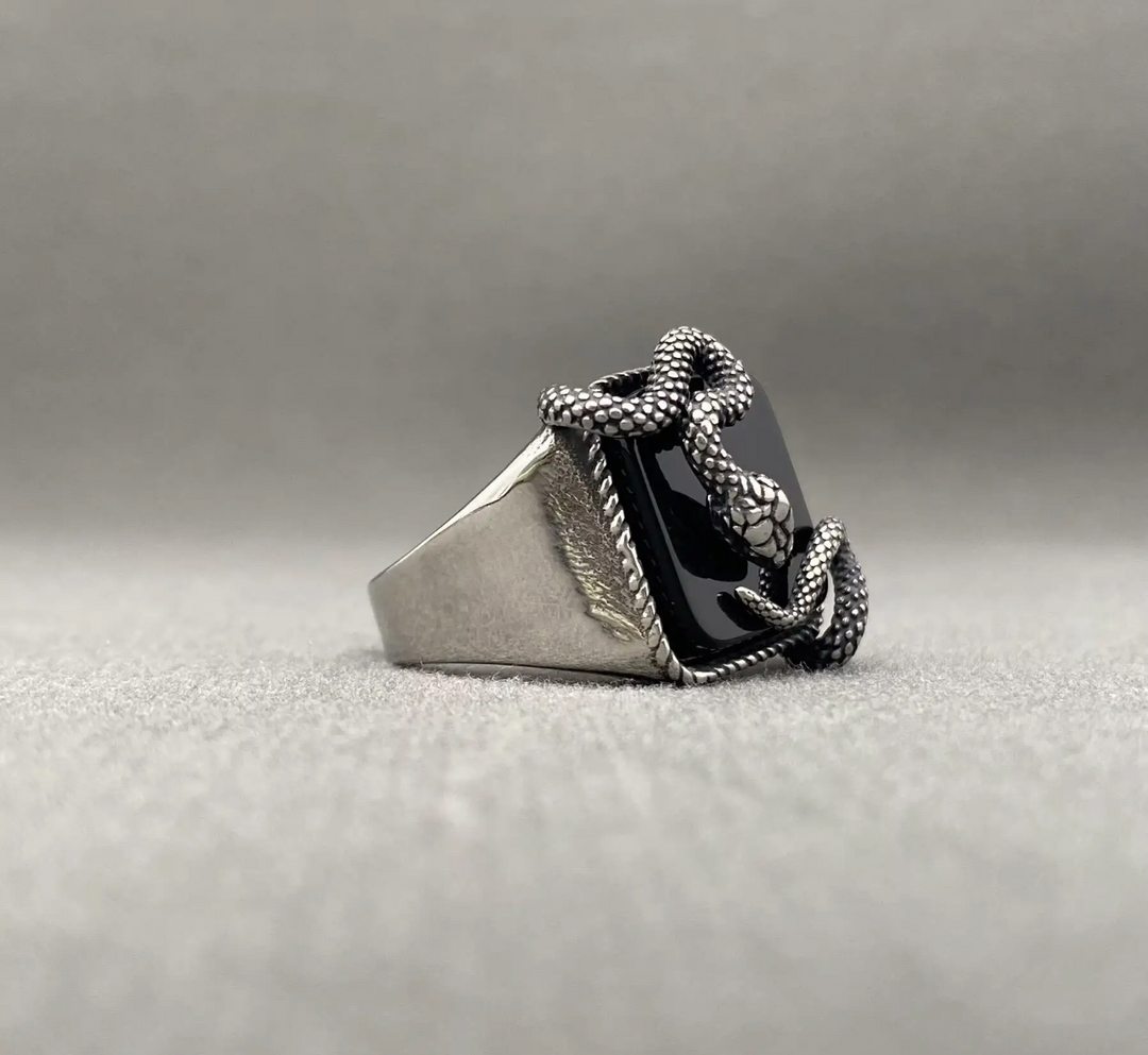 Men's Stainless and Obsidian Snake Ring-Size 9