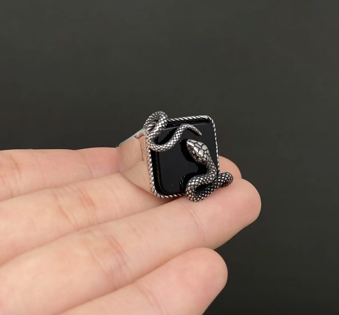 Men's Stainless and Obsidian Snake Ring-Size 9