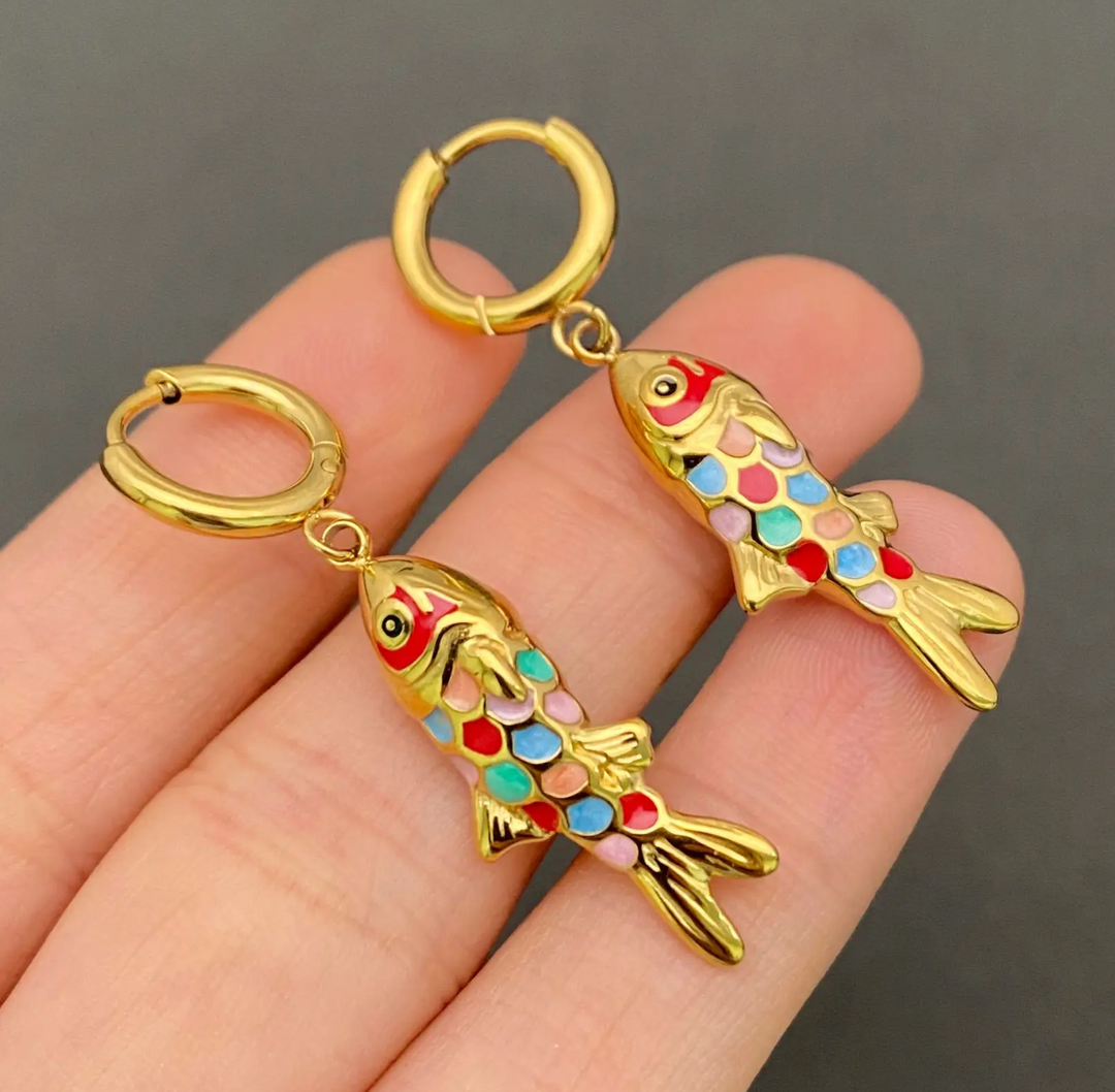 Enamel and 18K Gold Plated Stainless Steel Huggie Earrings