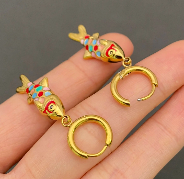 Enamel and 18K Gold Plated Stainless Steel Huggie Earrings