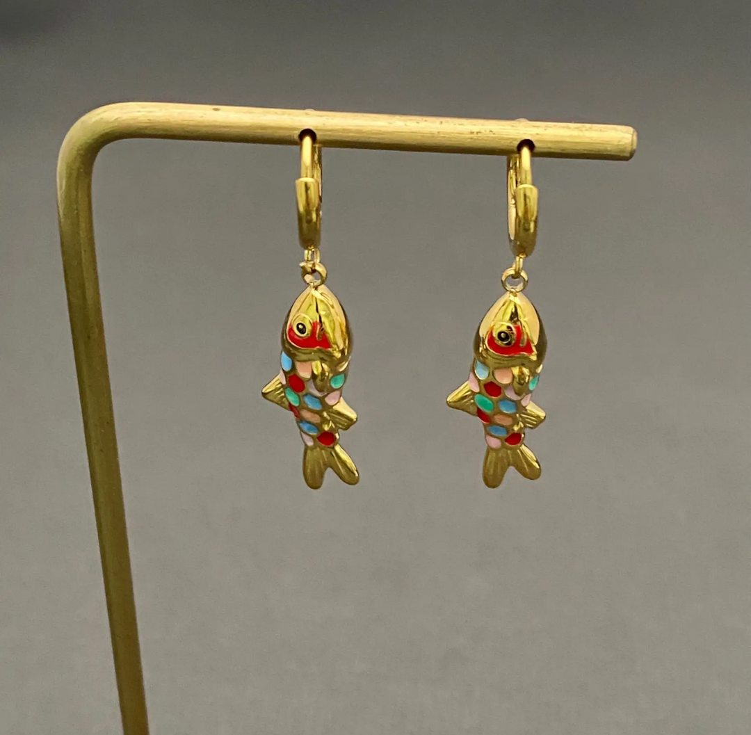 Enamel and 18K Gold Plated Stainless Steel Huggie Earrings