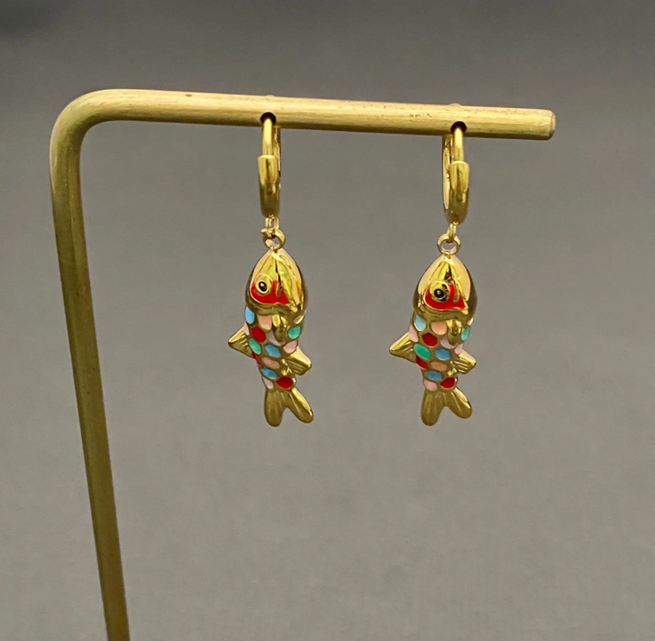 Enamel and 18K Gold Plated Stainless Steel Huggie Earrings