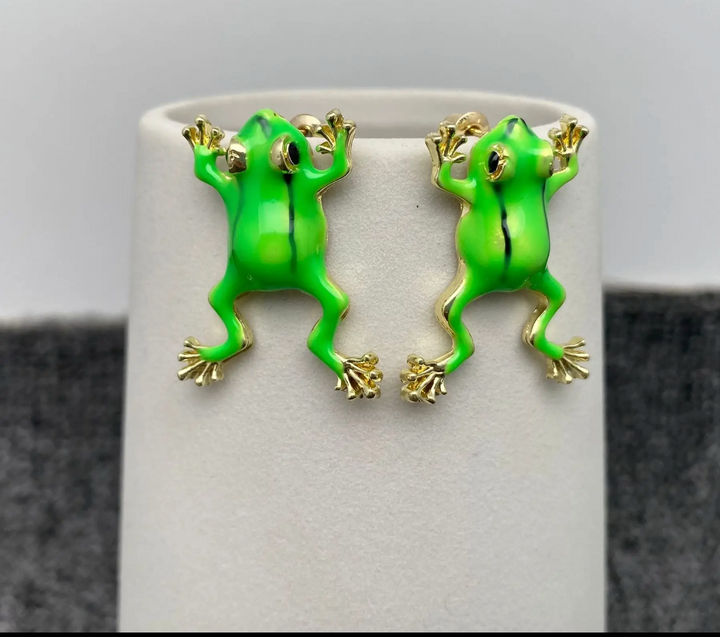Tree Frog Enamel and 18k Gold Plated Earrings-Lime