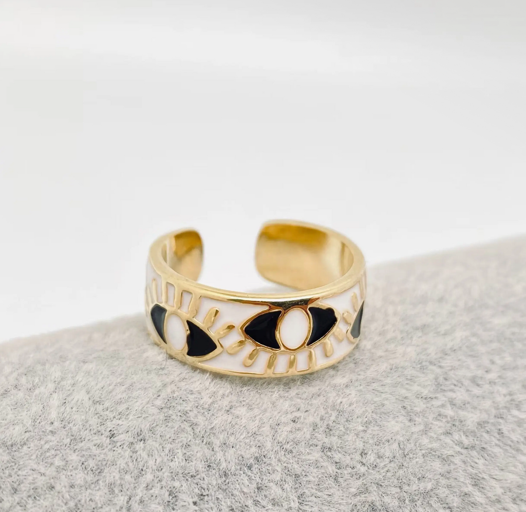Enameled and 18K Gold Plated Evil Eye Ring-White/Black