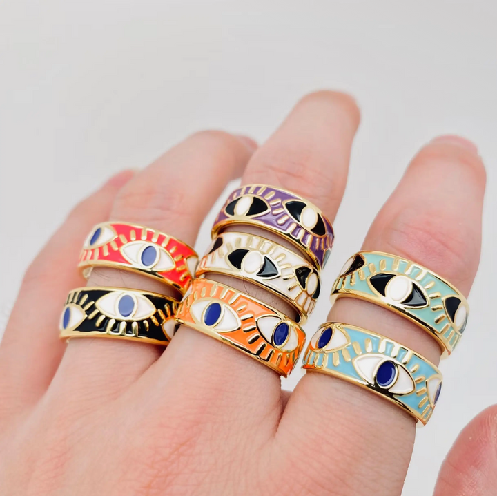 Enameled and 18K Gold Plated Evil Eye Ring-Turquoise