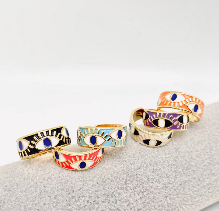 Enameled and 18K Gold Plated Evil Eye Ring-Red