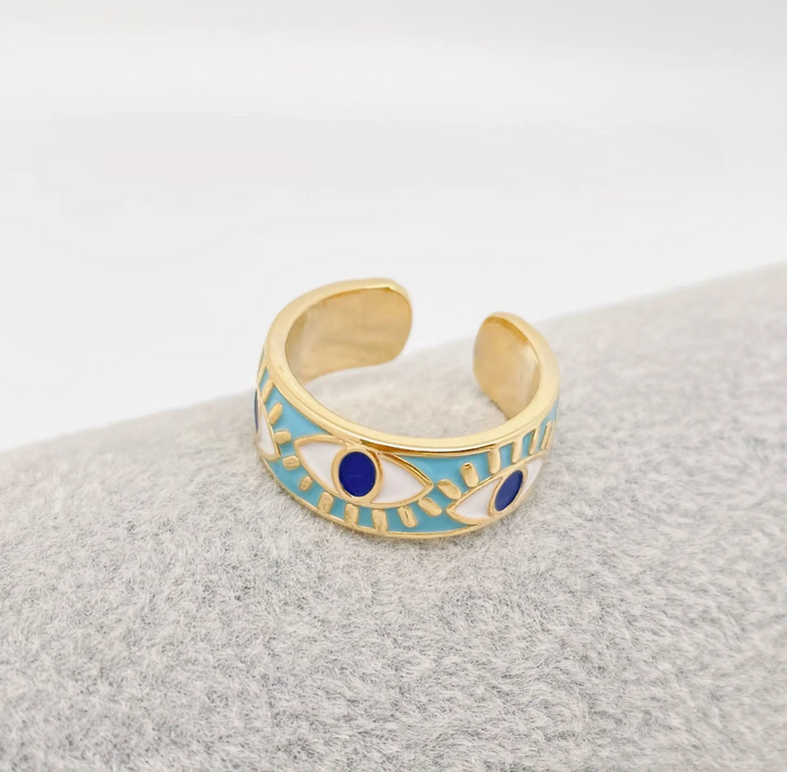 Enameled and 18K Gold Plated Evil Eye Ring-Turquoise