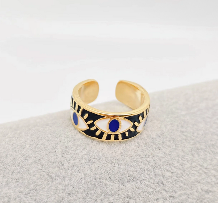 Enameled and 18K Gold Plated Evil Eye Ring-Black/Blue