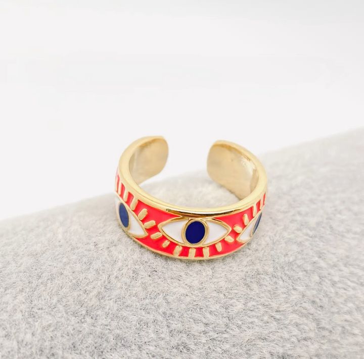 Enameled and 18K Gold Plated Evil Eye Ring-Red