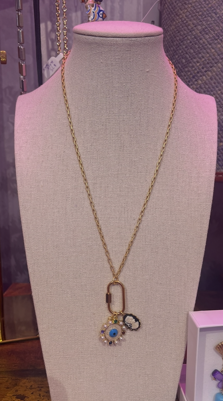 Evil Eye and Cameo Charm Necklace with Gold Carabiner