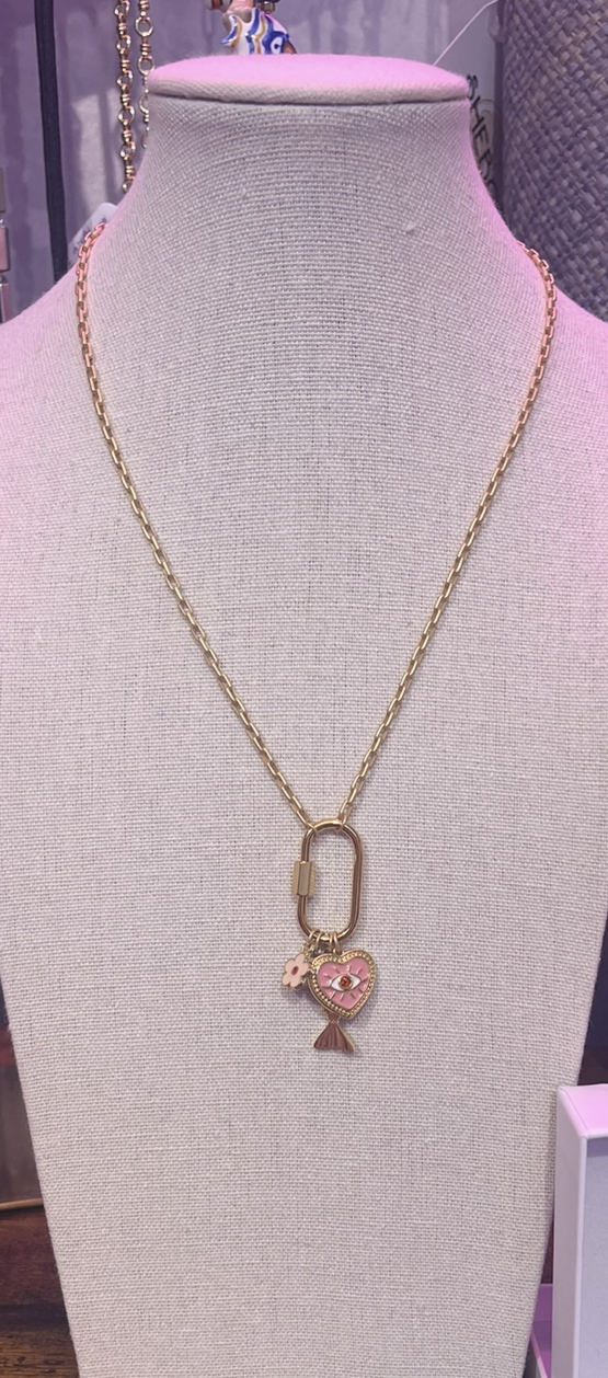 Gold Carabiner Charm Necklace with Fish and Pink Heart Charm